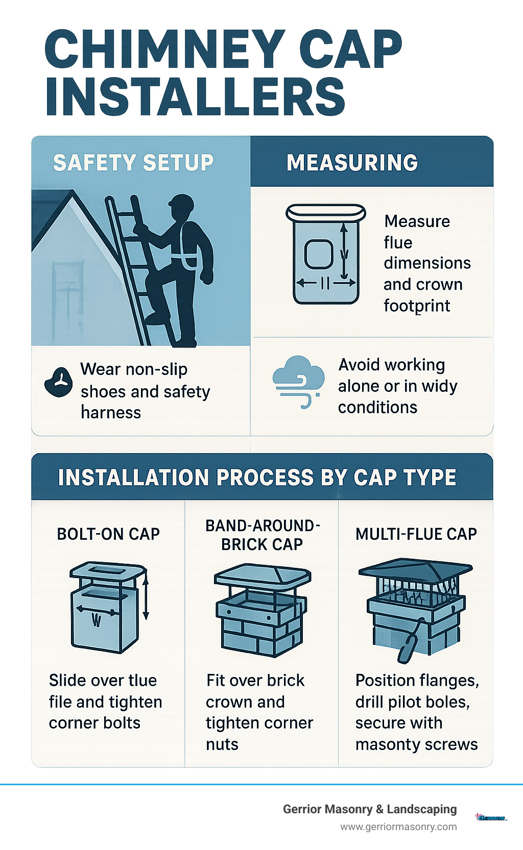 Installation workflow infographic showing proper ladder setup, safety equipment checklist, measurement techniques, and step-by-step cap attachment methods for different chimney types - chimney cap installers infographic 