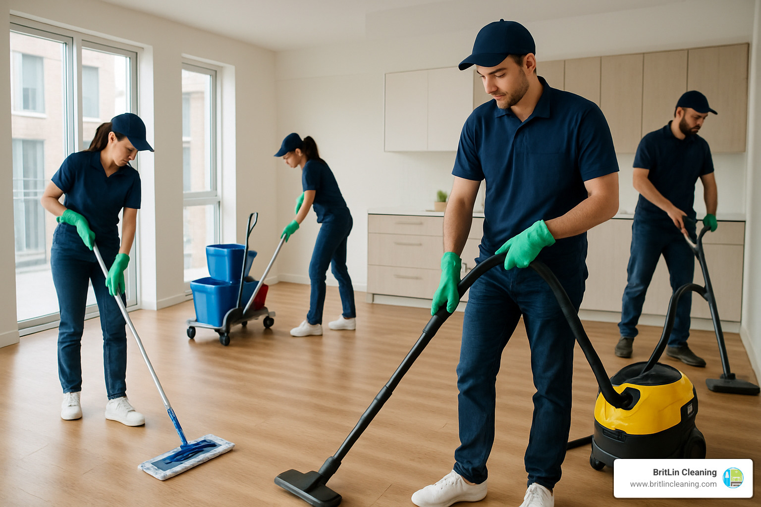 Professional cleaning crew working in empty apartment - move out cleaning quote