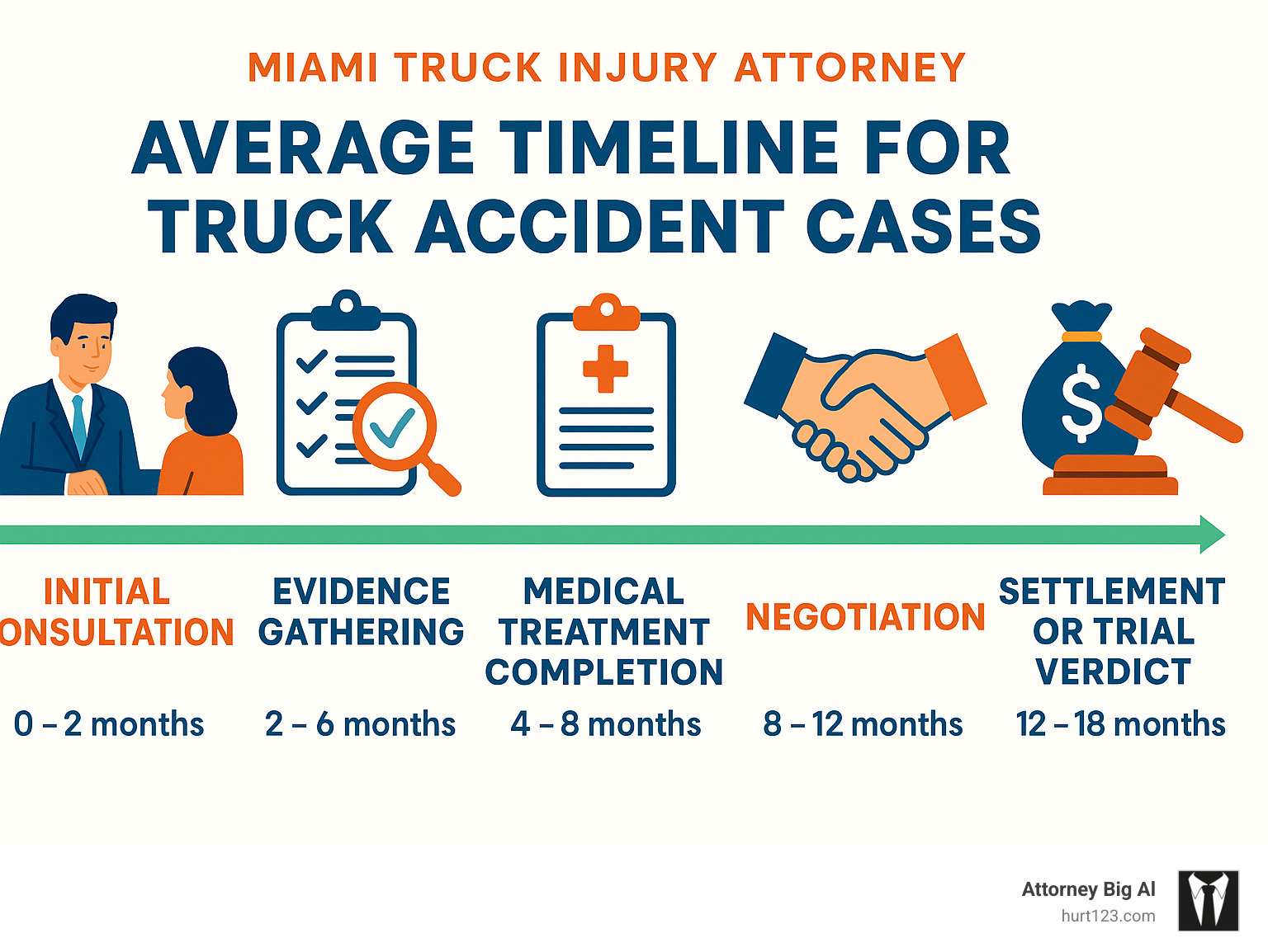 Infographic showing average timeline for truck accident cases from initial consultation through settlement or trial verdict, including key milestones like evidence gathering, medical treatment completion, demand package submission, and negotiation phases - Miami truck injury attorney infographic Infographic showing average timeline for truck accident cases from initial consultation through settlement or trial verdict, including key milestones like evidence gathering, medical treatment completion, demand package submission, and negotiation phases - Miami truck injury attorney infographic