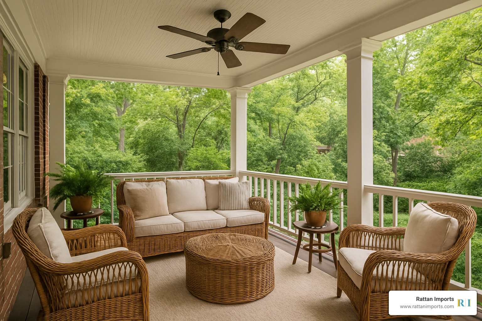 Covered porch with rattan furniture and ceiling fan showing ideal Atlanta climate setup - rattan furniture atlanta ga