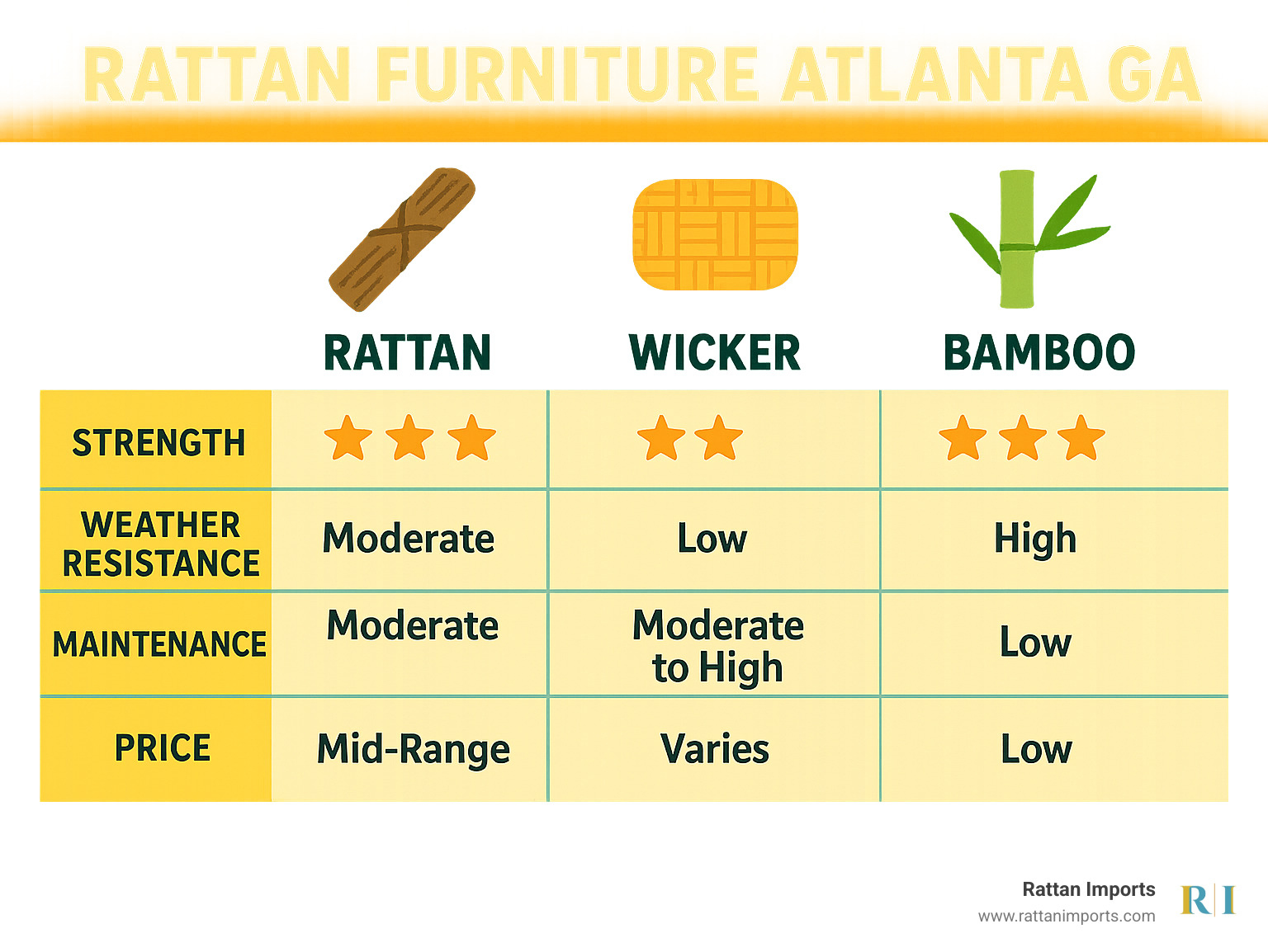 Detailed comparison table showing rattan, wicker, and bamboo characteristics including strength ratings, weather resistance, maintenance needs, and typical price ranges - rattan furniture atlanta ga infographic 