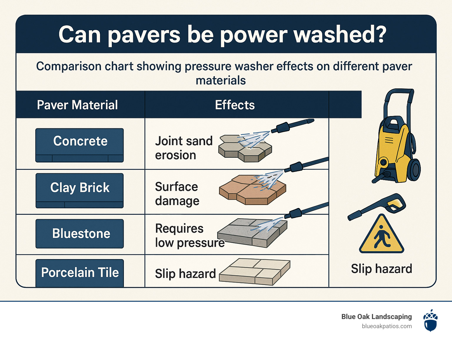 Comparison chart showing pressure washer effects on different paver materials - Can pavers be power washed? infographic 