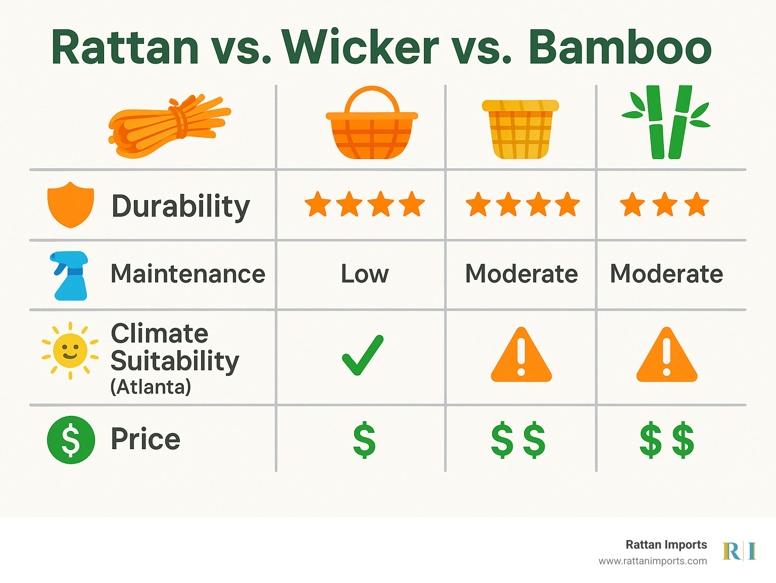 Comprehensive comparison chart showing rattan vs wicker vs bamboo durability ratings, maintenance requirements, climate suitability for Atlanta, and price ranges with visual icons for each material type - rattan furniture atlanta ga infographic 