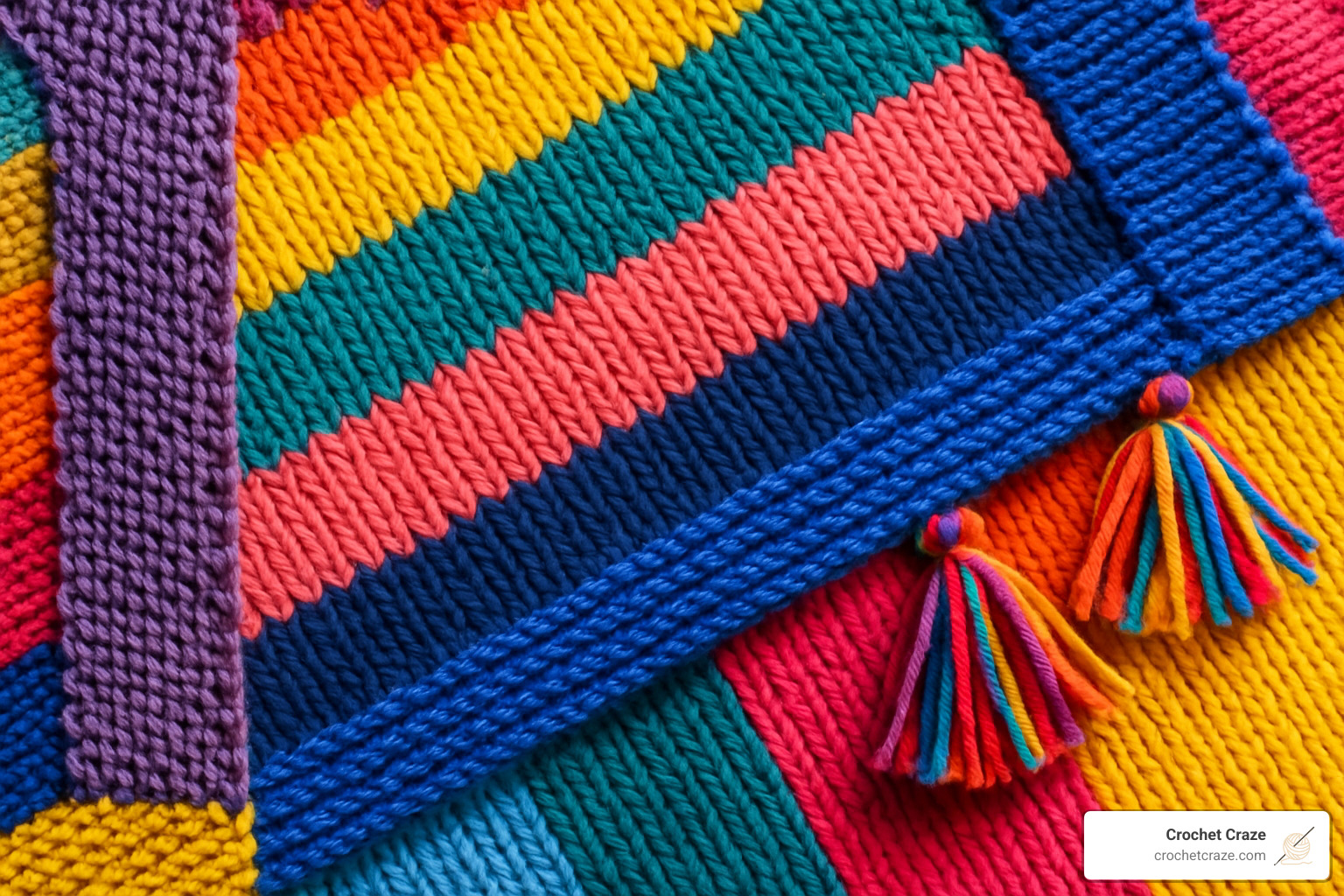 colorful knitted blanket borders showing seed stitch, garter ridges, and decorative tassels - easy knit purl blanket pattern