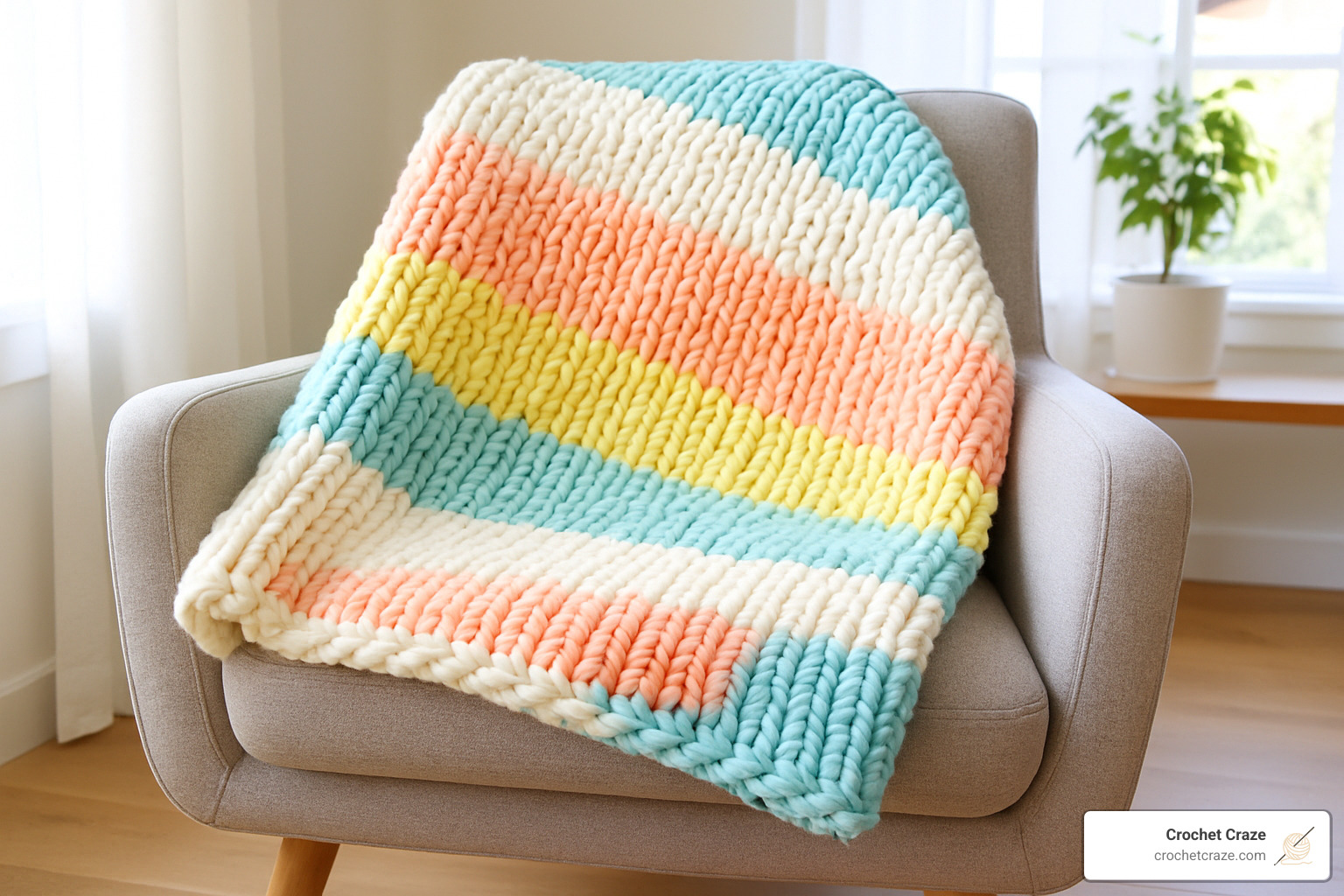 squish baby blanket in chunky yarn with colorful stripes - easy knit purl blanket pattern