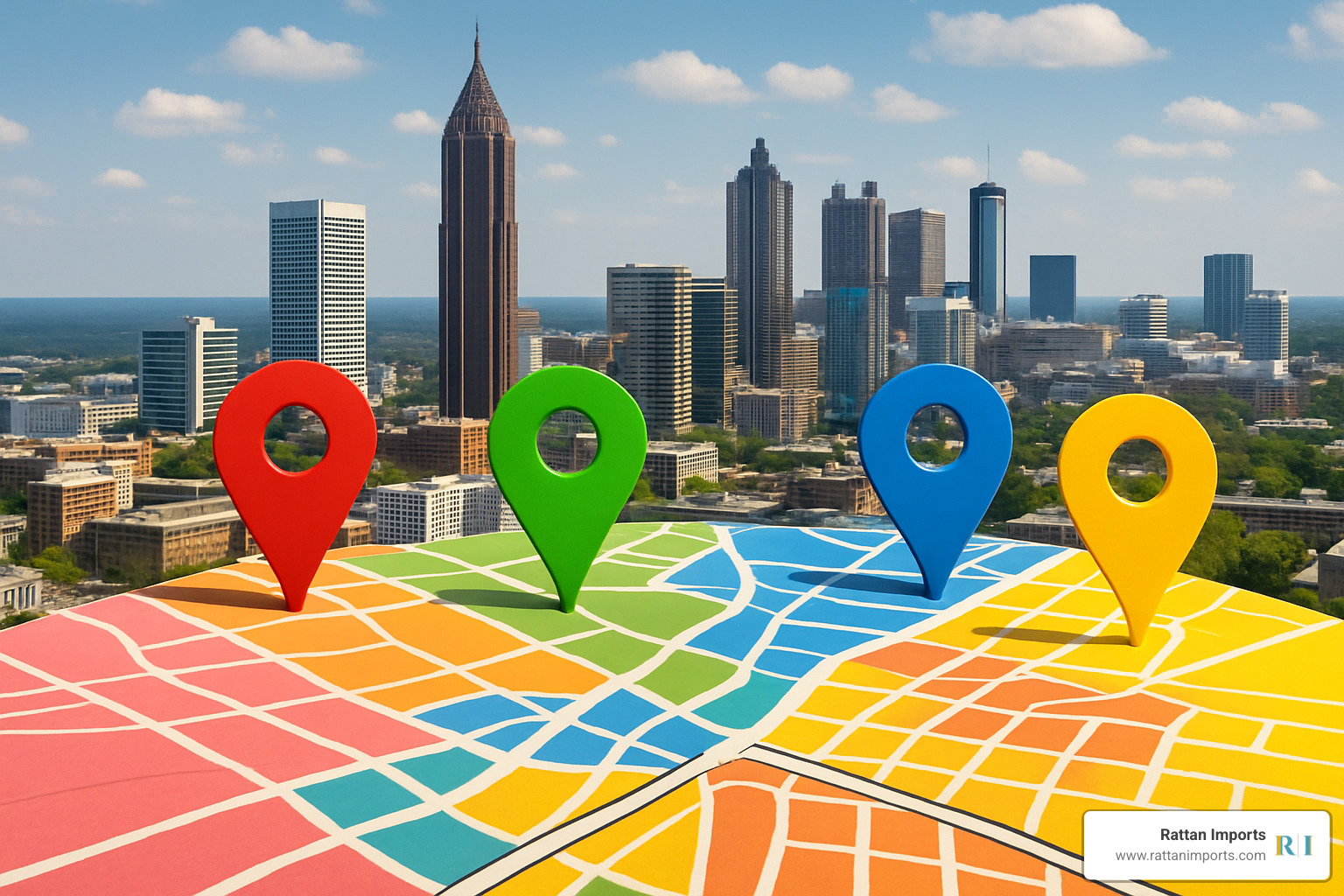 Atlanta cityscape with colorful map pins marking major furniture districts and shopping areas - rattan furniture atlanta ga
