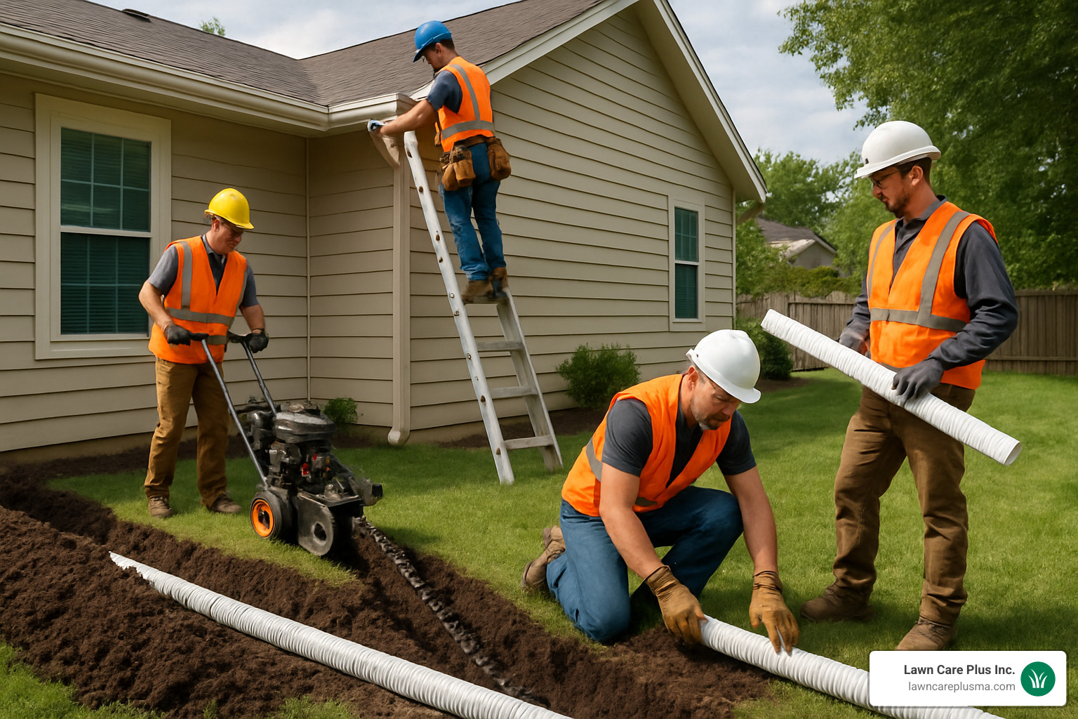 Professional drainage installation team working on integrated gutter and French drain system - gutters and french drains near me