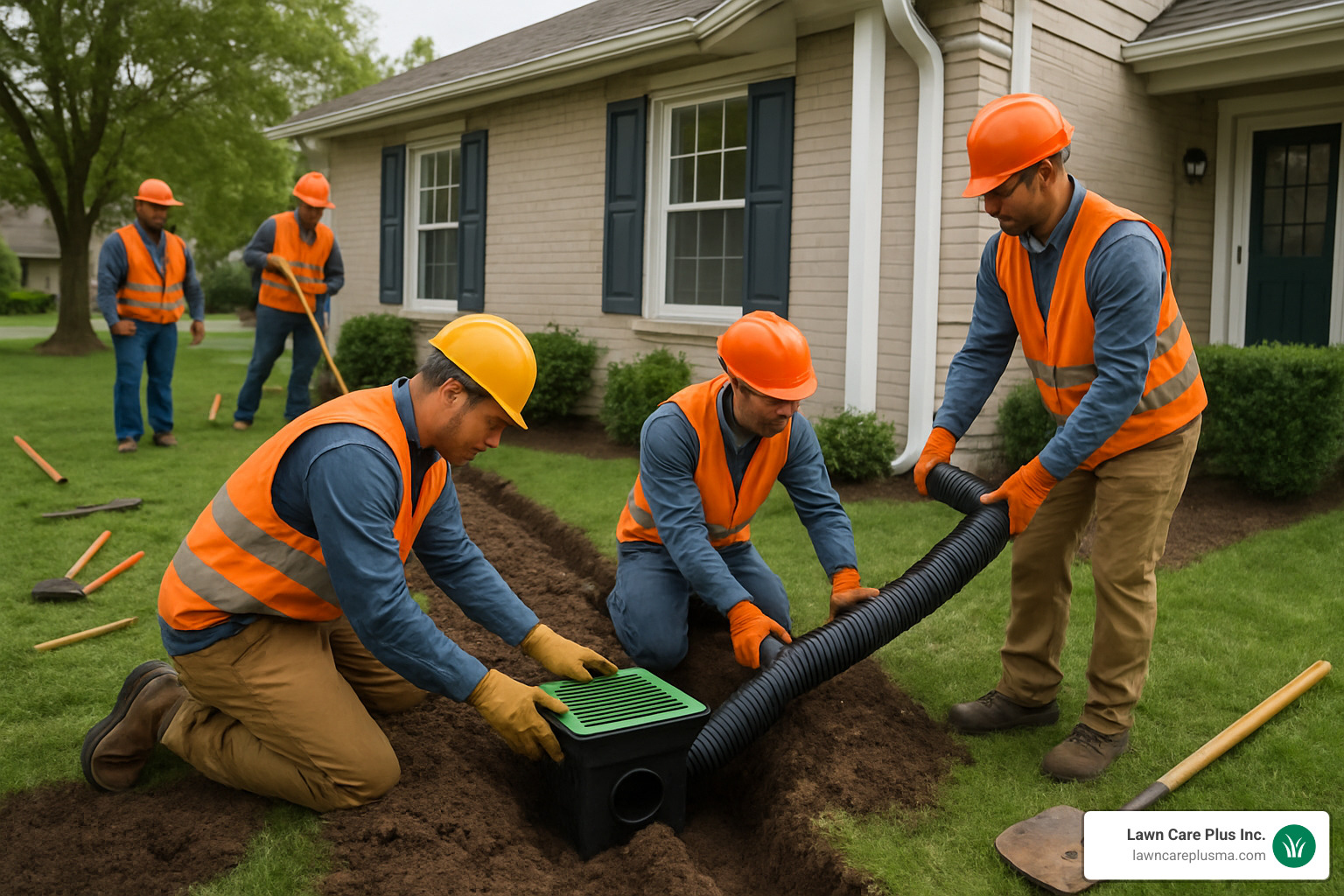 Professional crew installing gutter-to-drain connection system with catch basin and underground piping - gutters and french drains near me