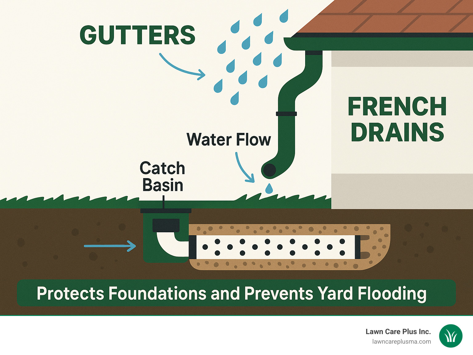 Comprehensive infographic showing water flow from roof through gutters to downspouts, then into catch basins connected to French drain systems with perforated pipes in gravel trenches, illustrating how both systems work together to protect foundations and prevent yard flooding - gutters and french drains near me infographic 
