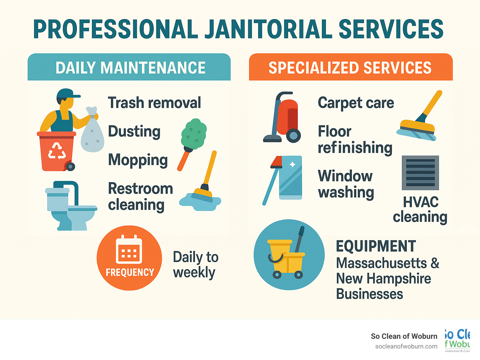 Comprehensive breakdown of professional janitorial services showing daily maintenance tasks like trash removal and dusting versus specialized services like carpet care and HVAC cleaning, with frequency recommendations and equipment requirements for Massachusetts and New Hampshire businesses - Professional janitorial services infographic Comprehensive breakdown of professional janitorial services showing daily maintenance tasks like trash removal and dusting versus specialized services like carpet care and HVAC cleaning, with frequency recommendations and equipment requirements for Massachusetts and New Hampshire businesses - Professional janitorial services infographic