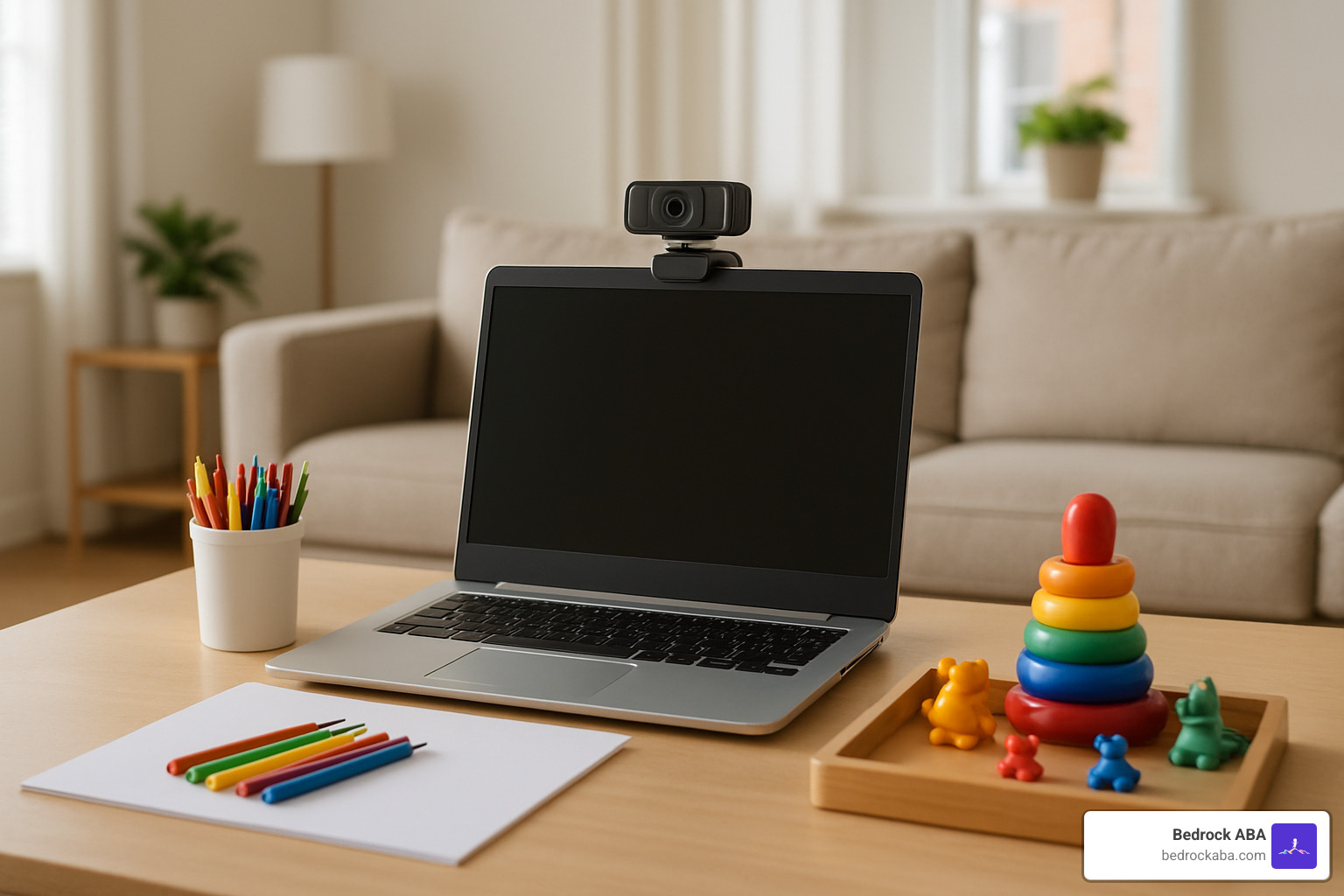 Recommended telehealth setup showing laptop with external webcam, good lighting, organized materials, and distraction-free background - virtual aba therapy Recommended telehealth setup showing laptop with external webcam, good lighting, organized materials, and distraction-free background - virtual aba therapy