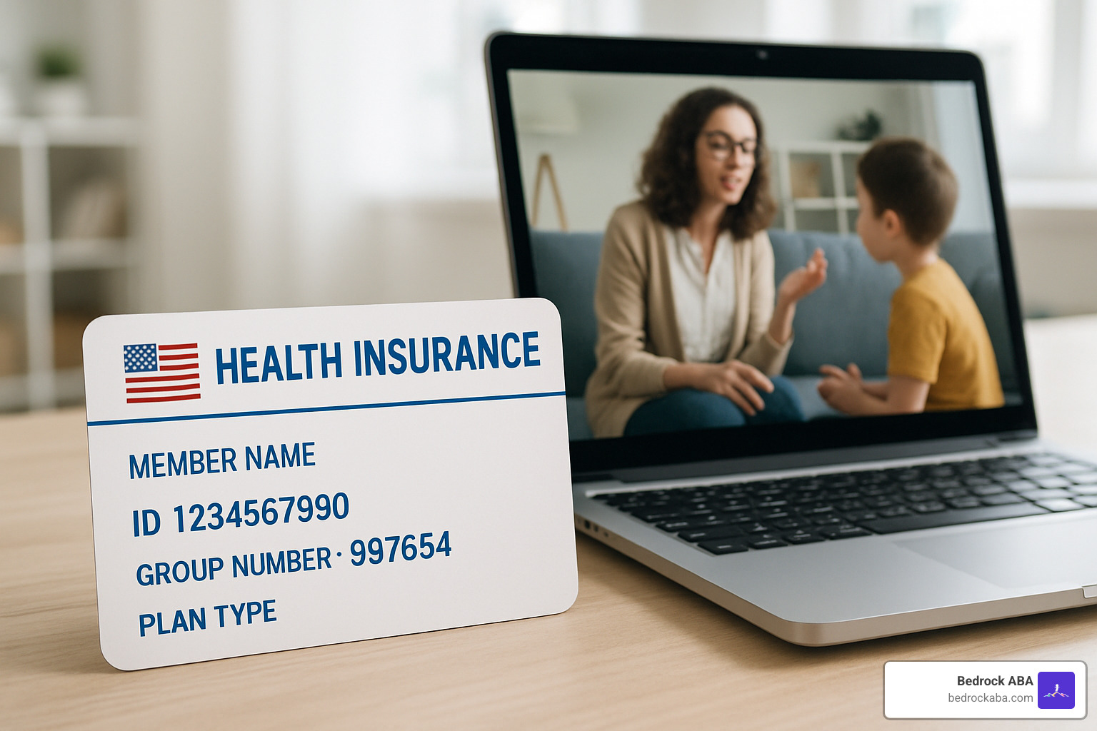 Insurance card next to laptop showing virtual therapy session - virtual aba therapy Insurance card next to laptop showing virtual therapy session - virtual aba therapy