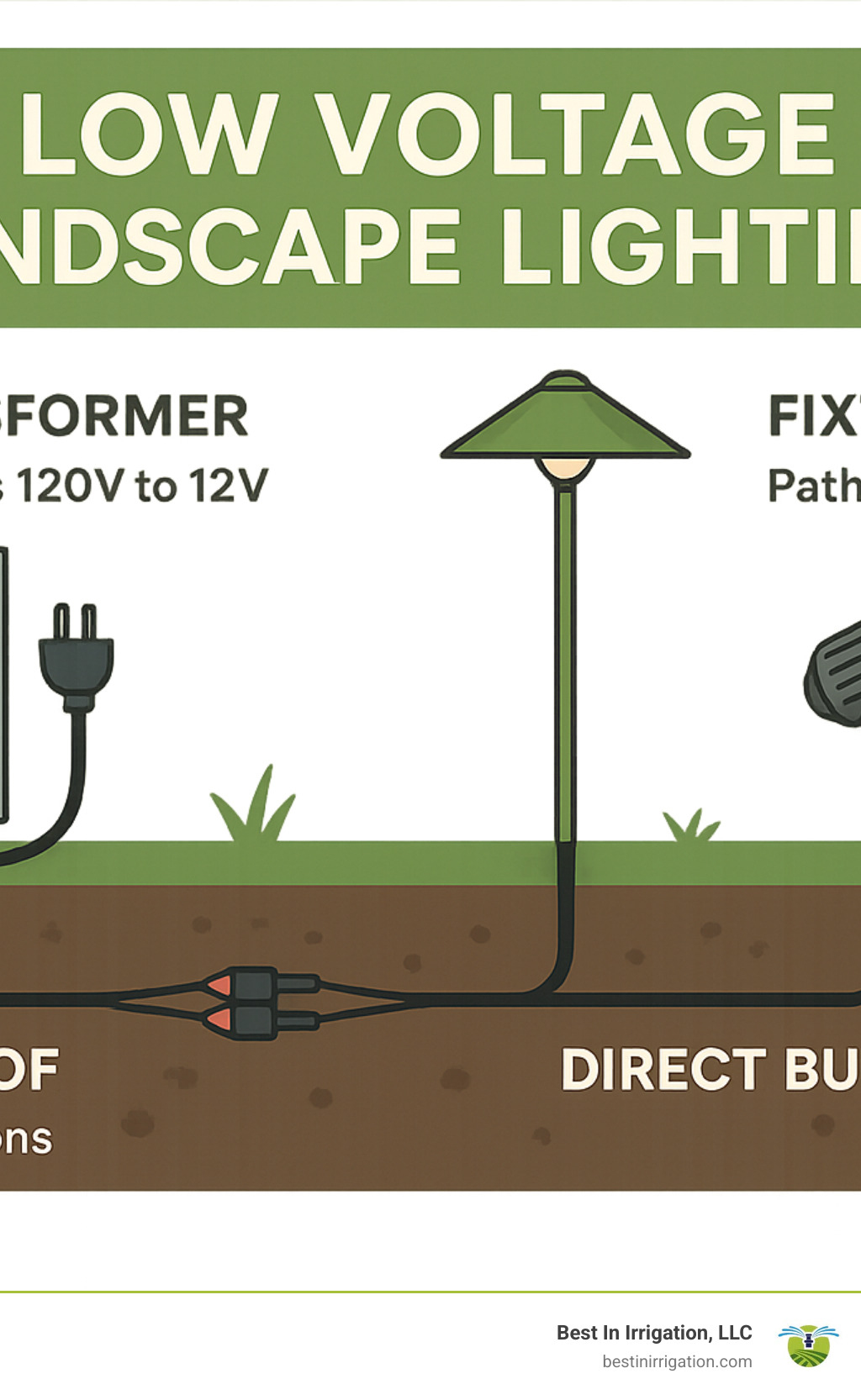 Infographic showing low voltage landscape lighting system components including transformer converting 120V to 12V, direct burial cable running underground, various fixture types like path lights and spotlights, and waterproof wire connections - low voltage landscape lighting infographic 