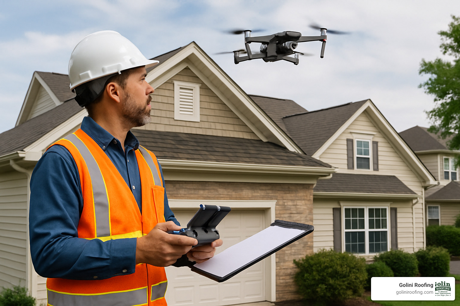 Professional inspector using drone technology to safely examine roof surfaces and document conditions - free residential roofing inspection