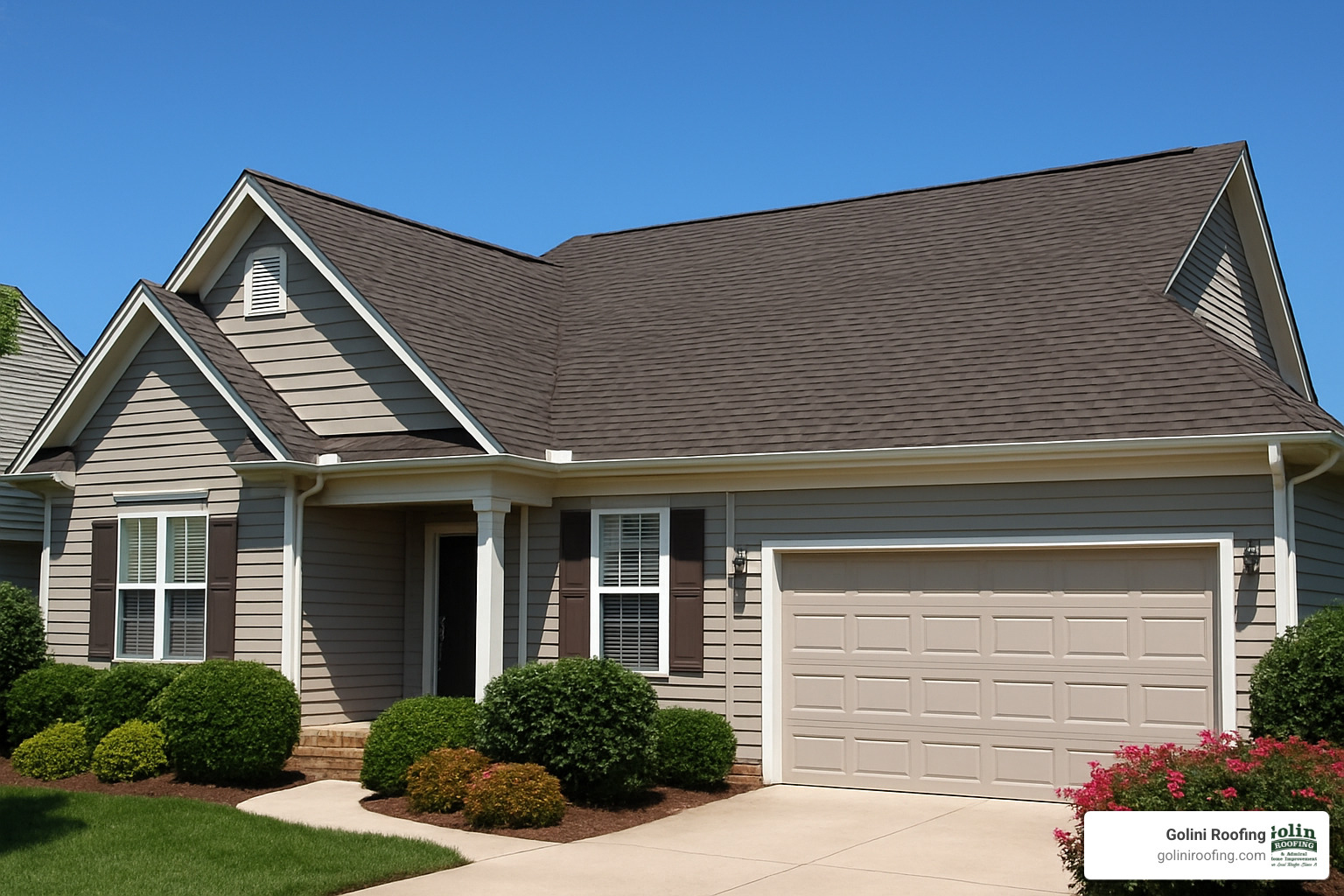 Beautiful, well-maintained residential roof under clear blue sky showing the results of proper inspection and maintenance - free residential roofing inspection