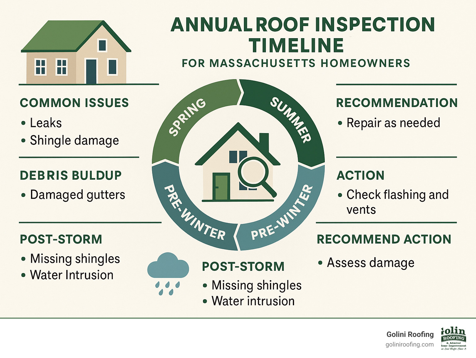 Comprehensive infographic showing the annual roof inspection timeline with seasonal checkpoints, common issues found during each season, and recommended actions for Massachusetts homeowners including pre-winter preparations and post-storm assessments - free residential roofing inspection infographic