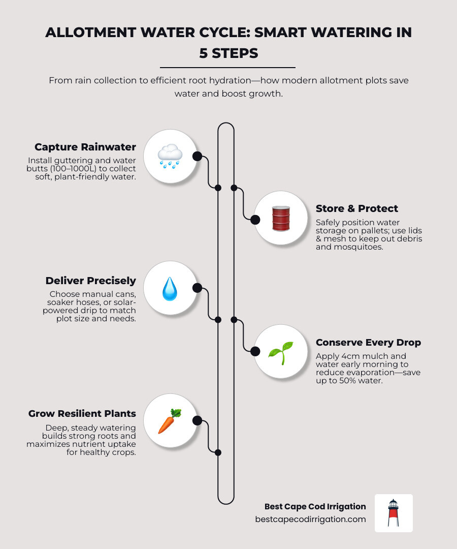 Comprehensive allotment watering system comparison showing rainwater collection from greenhouse roof flowing into liftd water storage tanks, connected to drip irrigation lines serving raised vegetable beds, with manual watering cans as backup, demonstrating water cycle efficiency and conservation methods - allotment watering solutions infographic infographic-line-5-steps-neat_beige