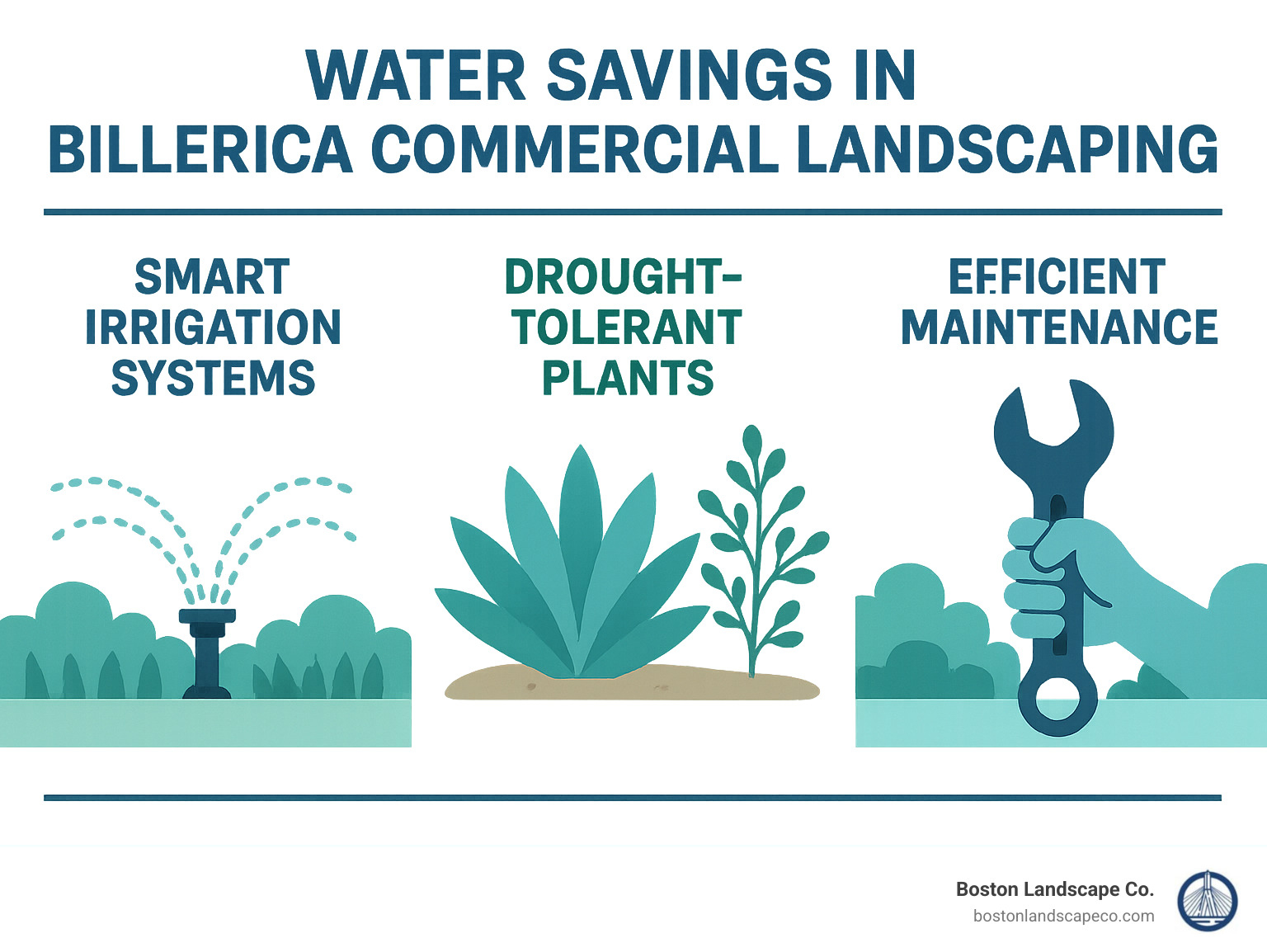 Infographic showing water savings from smart irrigation systems, drought-tolerant plants, and efficient maintenance practices for commercial properties - Billerica Commercial Landscaping infographic 