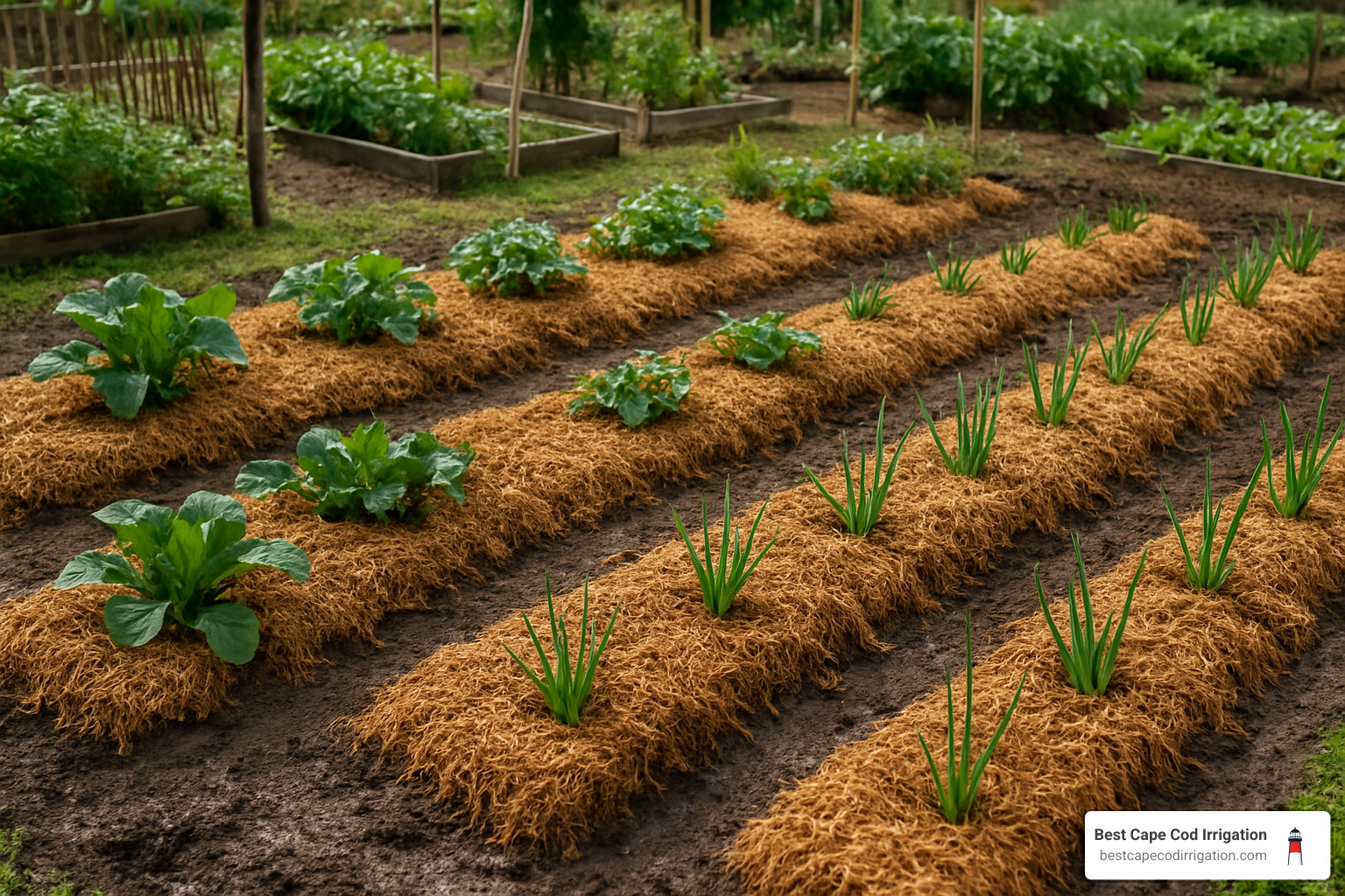 mulched vegetable bed showing water conservation - allotment watering solutions