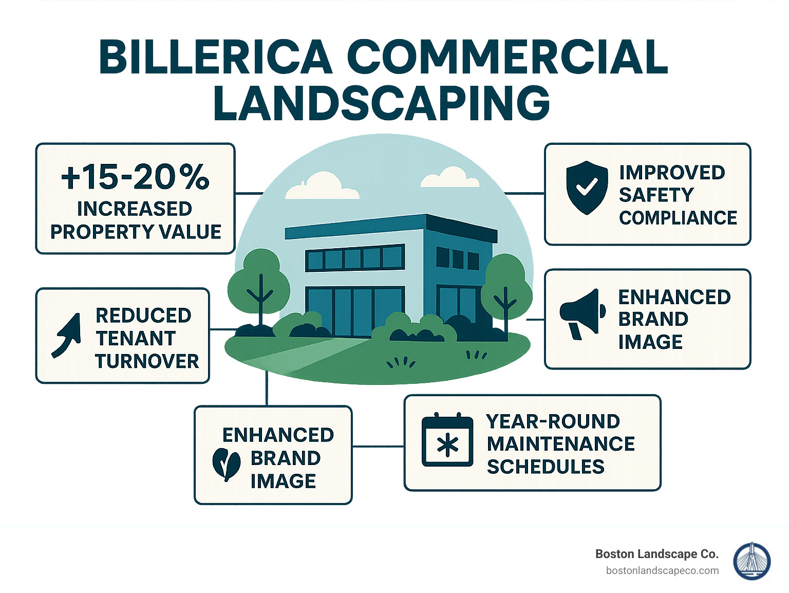 Infographic showing commercial landscaping benefits including increased property value by 15-20%, reduced tenant turnover, improved safety compliance, improved brand image, and year-round maintenance schedules for Billerica Massachusetts climate - Billerica Commercial Landscaping infographic 
