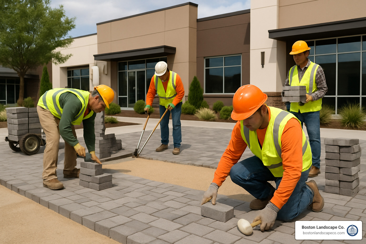 crew installing pavers - Billerica Commercial Landscaping