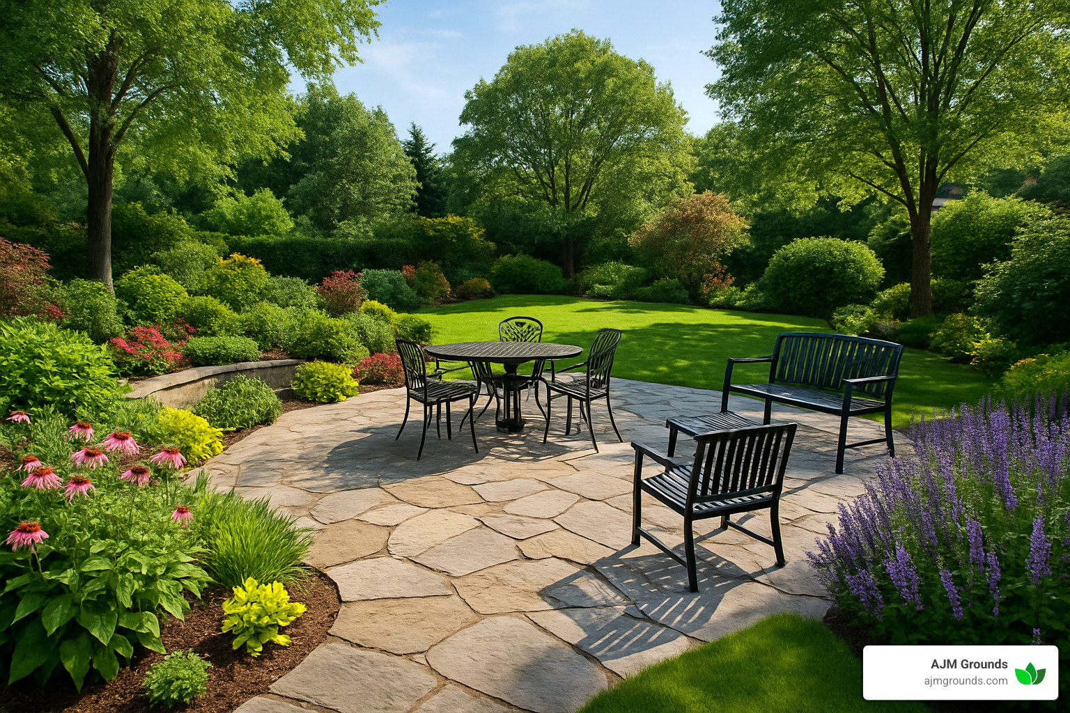 Blended landscape showing hardscape patio seamlessly integrated with surrounding plants, trees, and lawn areas - Hardscaping Services