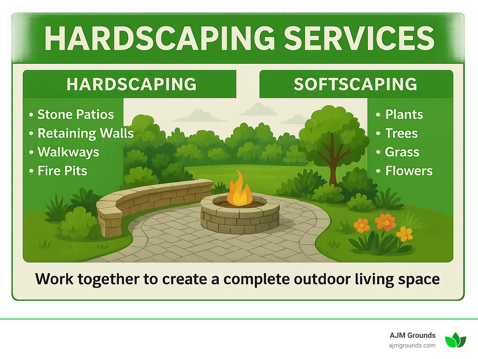Infographic showing the difference between hardscaping (stone patios, retaining walls, walkways, fire pits) and softscaping (plants, trees, grass, flowers) with examples of how they work together to create a complete outdoor living space - Hardscaping Services infographic 