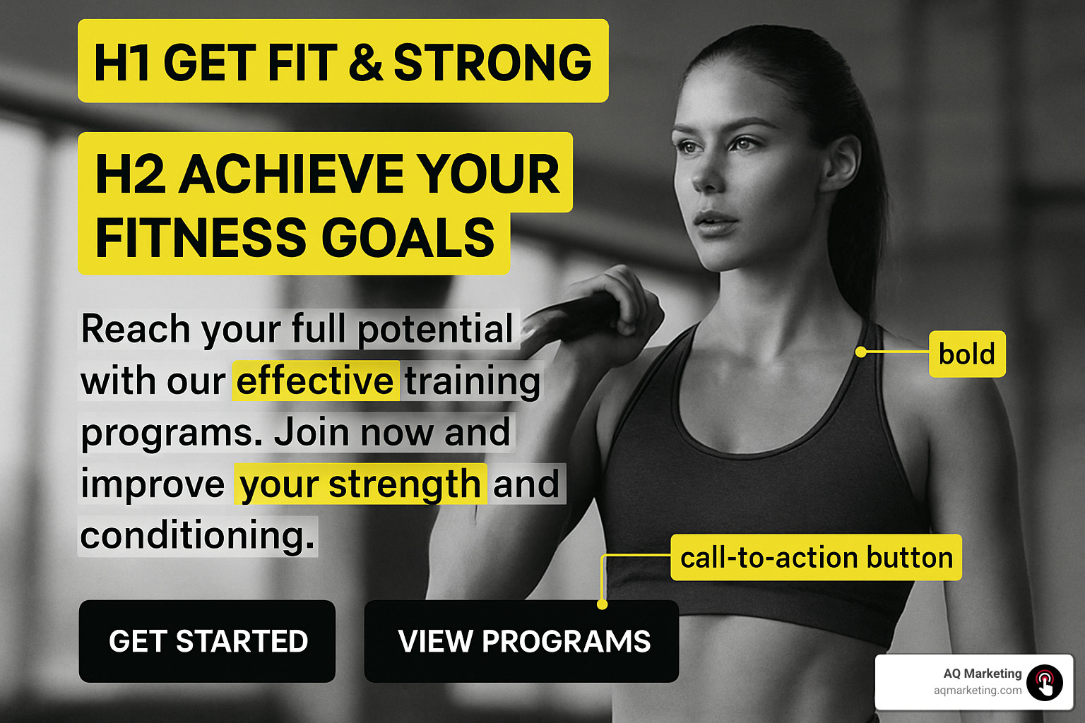 annotated webpage showing proper header structure, keyword placement, and call-to-action buttons for a fitness website - SEO for fitness websites