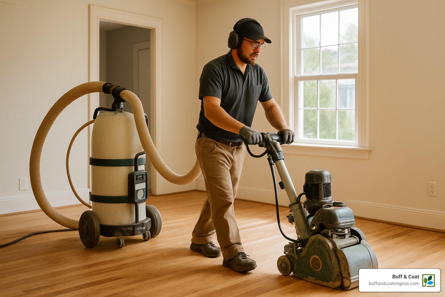 Professional contractor demonstrating dust extraction equipment during hardwood floor refinishing - hardwood floor repair richmond va Professional contractor demonstrating dust extraction equipment during hardwood floor refinishing - hardwood floor repair richmond va