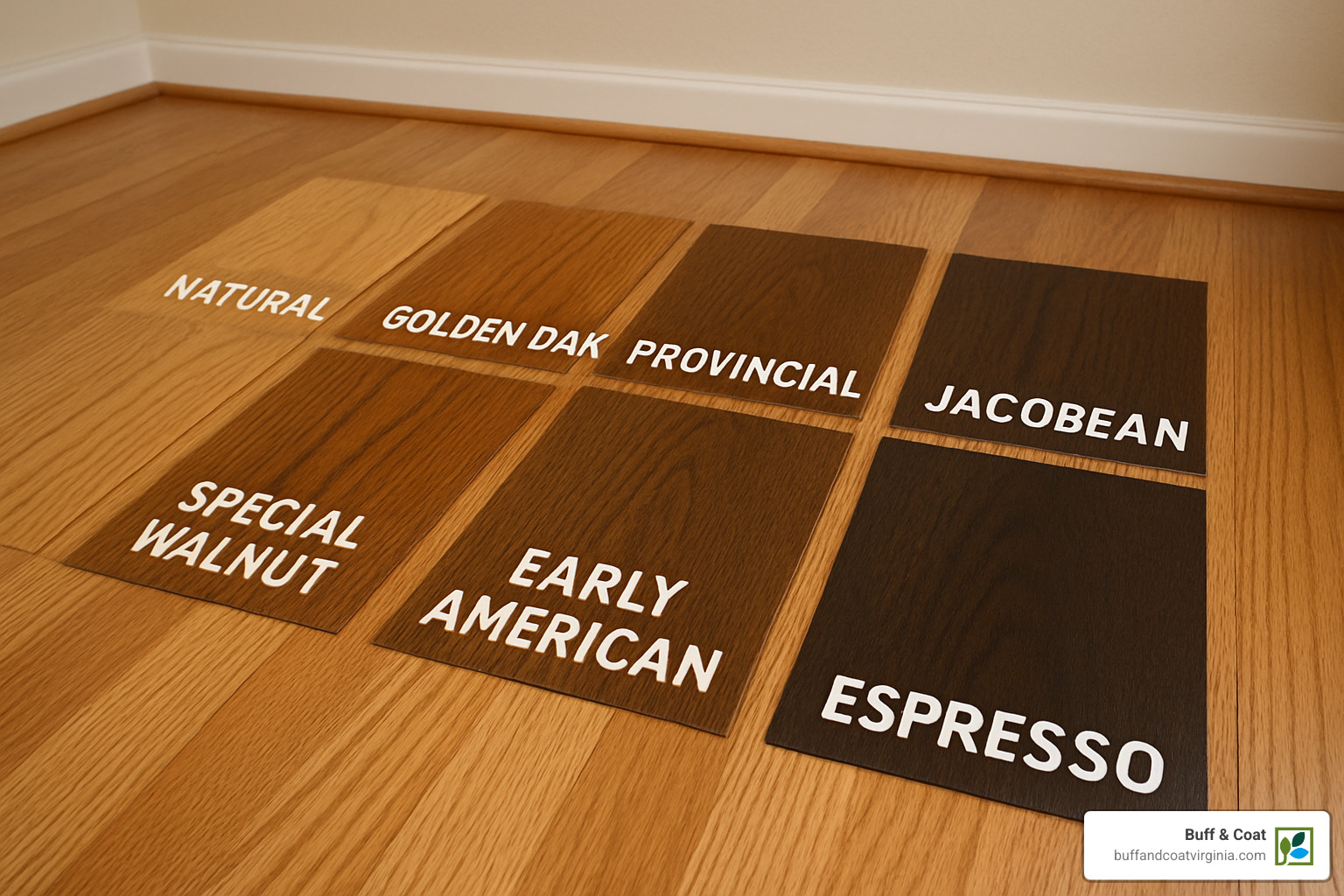 Wood stain color samples on oak flooring showing popular Richmond color choices from natural to dark espresso - wood floor refinishing richmond Wood stain color samples on oak flooring showing popular Richmond color choices from natural to dark espresso - wood floor refinishing richmond