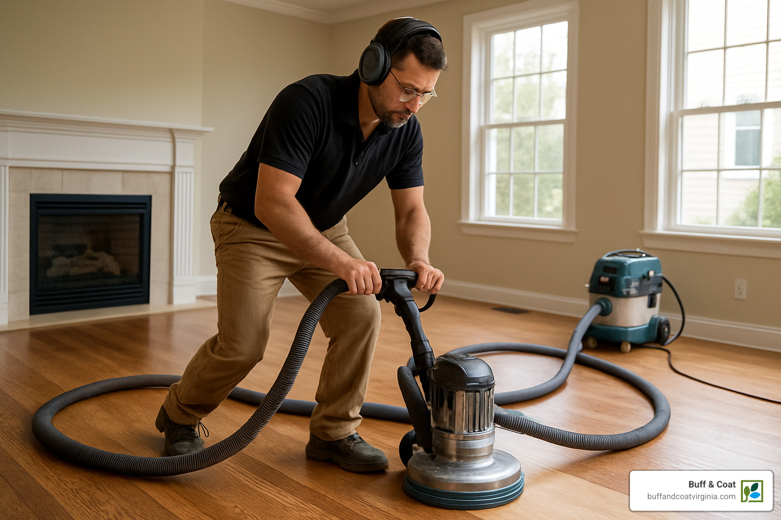 Professional contractor using dustless sanding equipment in a well-lit living room - floor refinishing contractors near me Professional contractor using dustless sanding equipment in a well-lit living room - floor refinishing contractors near me