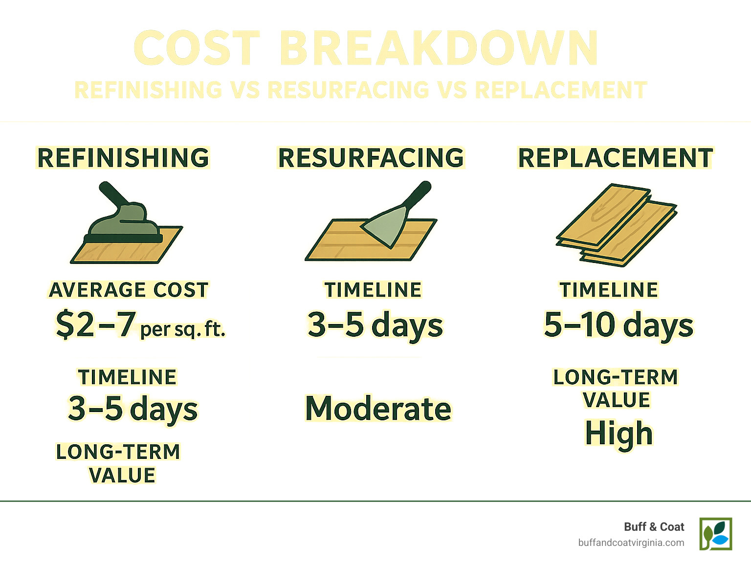 Cost breakdown infographic showing refinishing vs resurfacing vs replacement with average costs per square foot, project timelines, and long-term value considerations - floor refinishing contractors near me infographic Cost breakdown infographic showing refinishing vs resurfacing vs replacement with average costs per square foot, project timelines, and long-term value considerations - floor refinishing contractors near me infographic