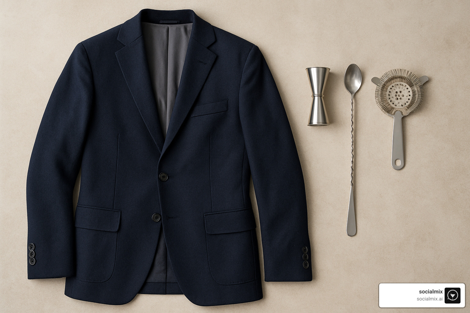 A navy blazer laid flat next to professional bartender tools including a jigger, bar spoon, and cocktail strainer - cocktail casual dress code for men