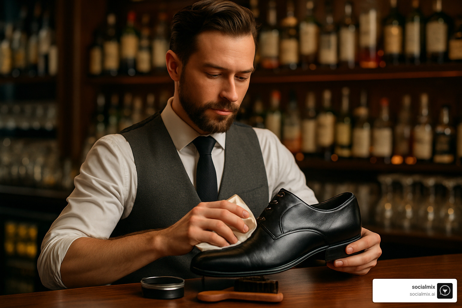 Professional bartender carefully polishing black dress shoes with premium leather care products - cocktail casual dress code for men