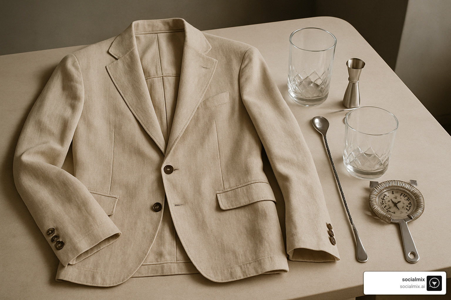 A lightweight linen blazer artfully arranged with a bar spoon and other cocktail-making tools - cocktail casual dress code for men