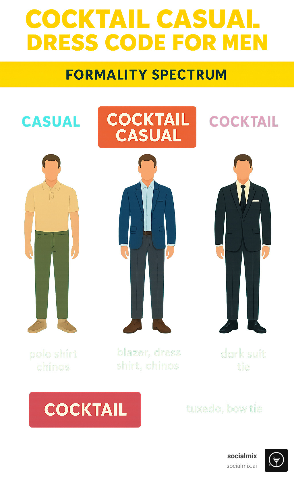 Infographic showing the men's dress code formality spectrum from casual to black tie, highlighting where cocktail casual fits between business casual and traditional cocktail attire, with specific garment examples for each level - cocktail casual dress code for men infographic 