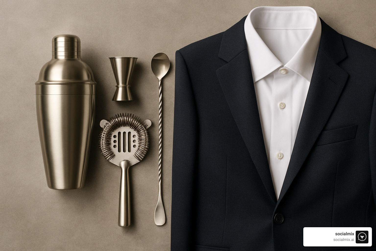 Professional bartender tools arranged alongside a well-custom blazer and dress shirt - cocktail casual dress code for men