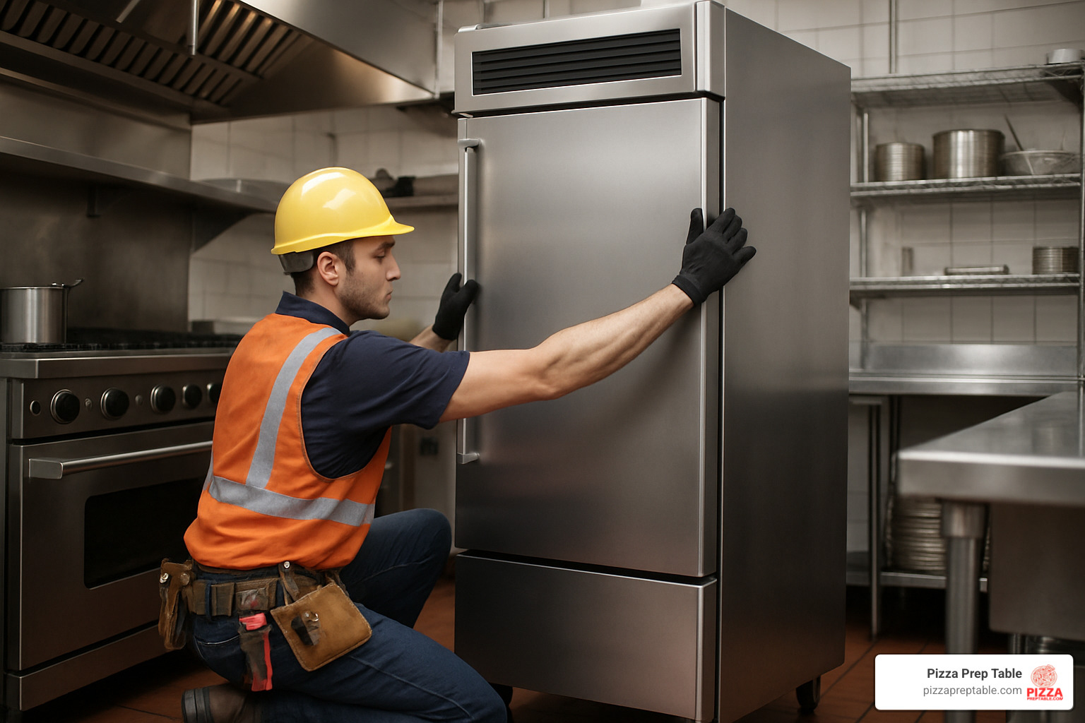 Professional technician installing reach-in commercial refrigerator in restaurant kitchen - commercial fridge for sale