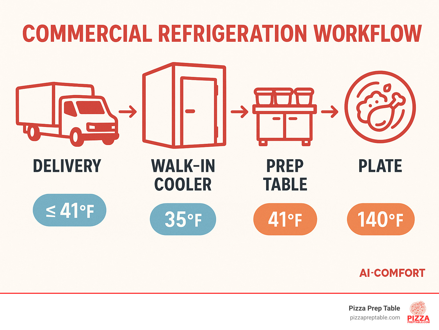 Infographic showing commercial refrigeration workflow from delivery truck to walk-in cooler to prep table to customer plate, with temperature zones marked at each stage - commercial fridge for sale infographic 