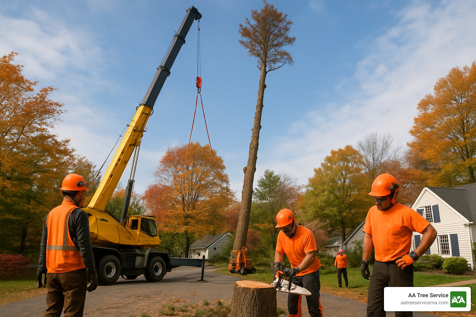 Tree removal crew operating crane equipment - Affordable tree service NH