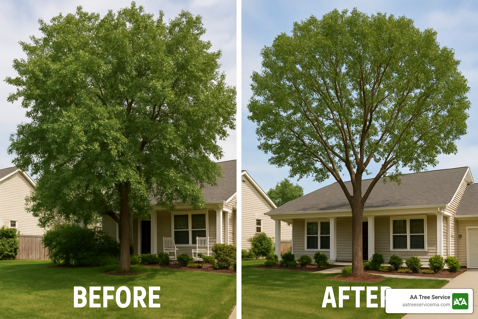 Before and after photos showing professional tree trimming results - Affordable tree service NH