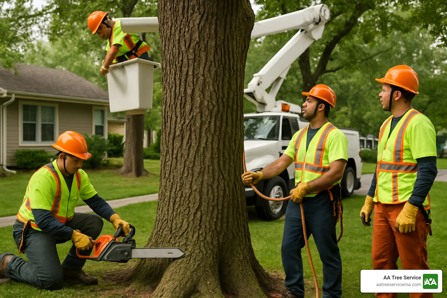 Professional tree service crew wearing full personal protective equipment - Affordable tree service NH