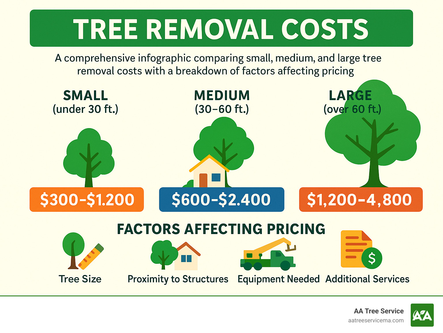 Comprehensive infographic comparing small, medium, and large tree removal costs with breakdown of factors affecting pricing - Affordable tree service NH infographic 
