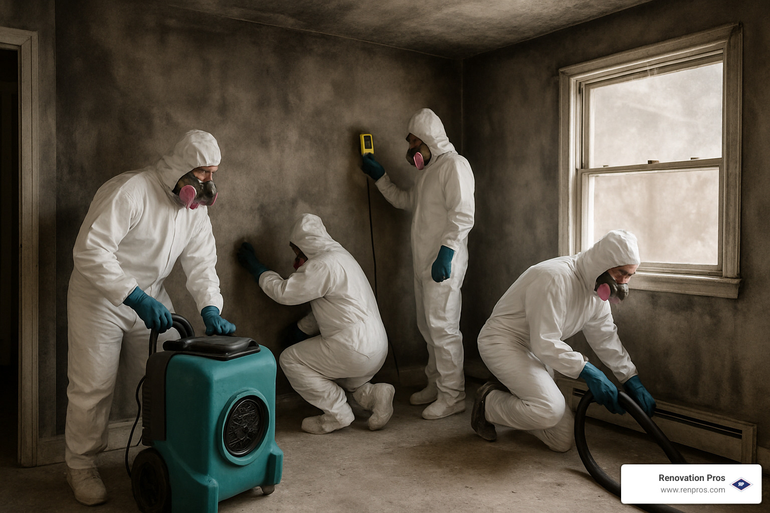 Professional fire damage restoration team using specialized equipment including HEPA air scrubbers, moisture meters, and protective gear in a smoke-damaged room - fire damage recovery services