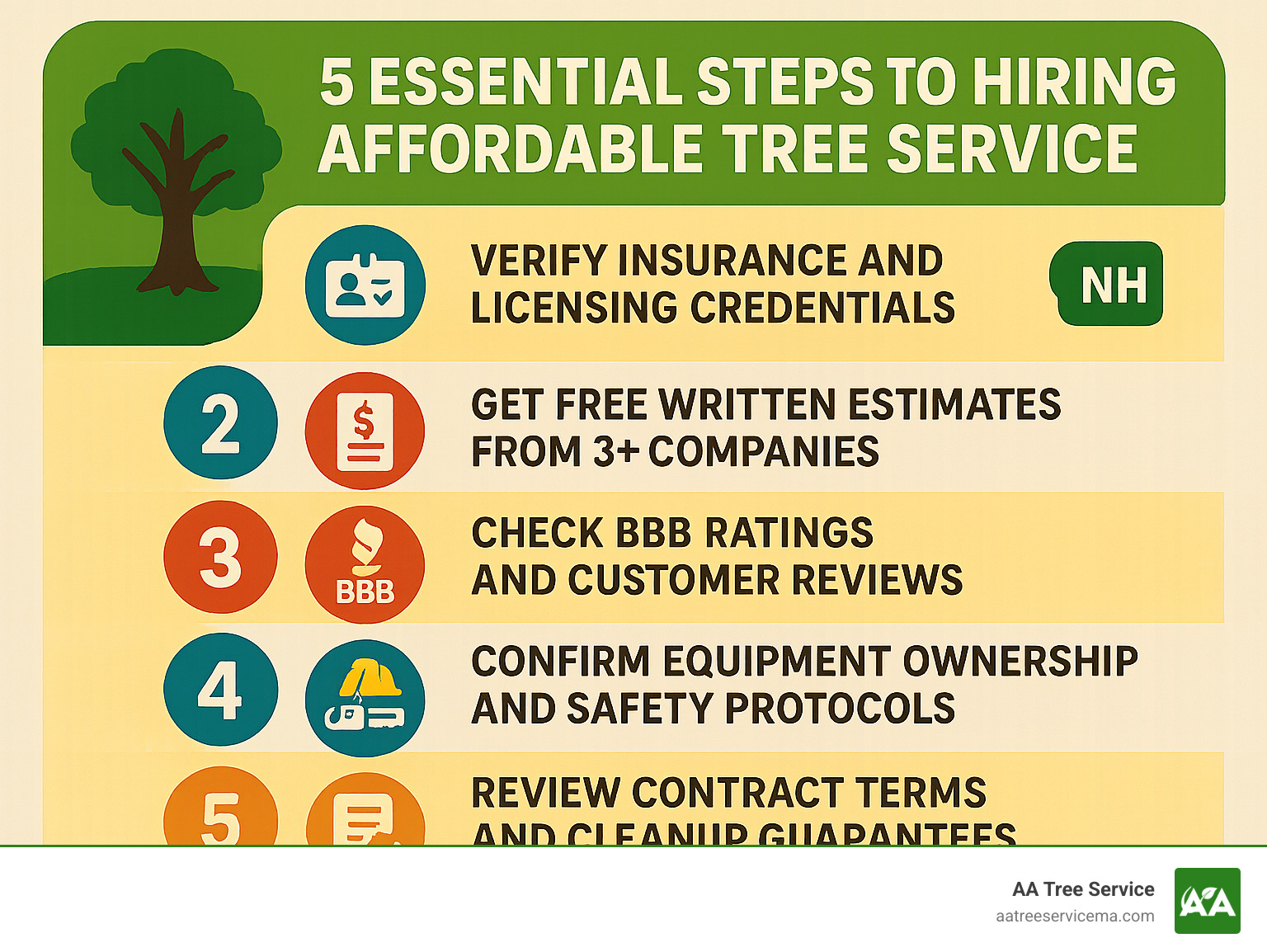 Infographic showing 5 essential steps to hiring affordable tree service: 1) Verify insurance and licensing credentials, 2) Get free written estimates from 3+ companies, 3) Check BBB ratings and customer reviews, 4) Confirm equipment ownership and safety protocols, 5) Review contract terms and cleanup guarantees - Affordable tree service NH infographic 
