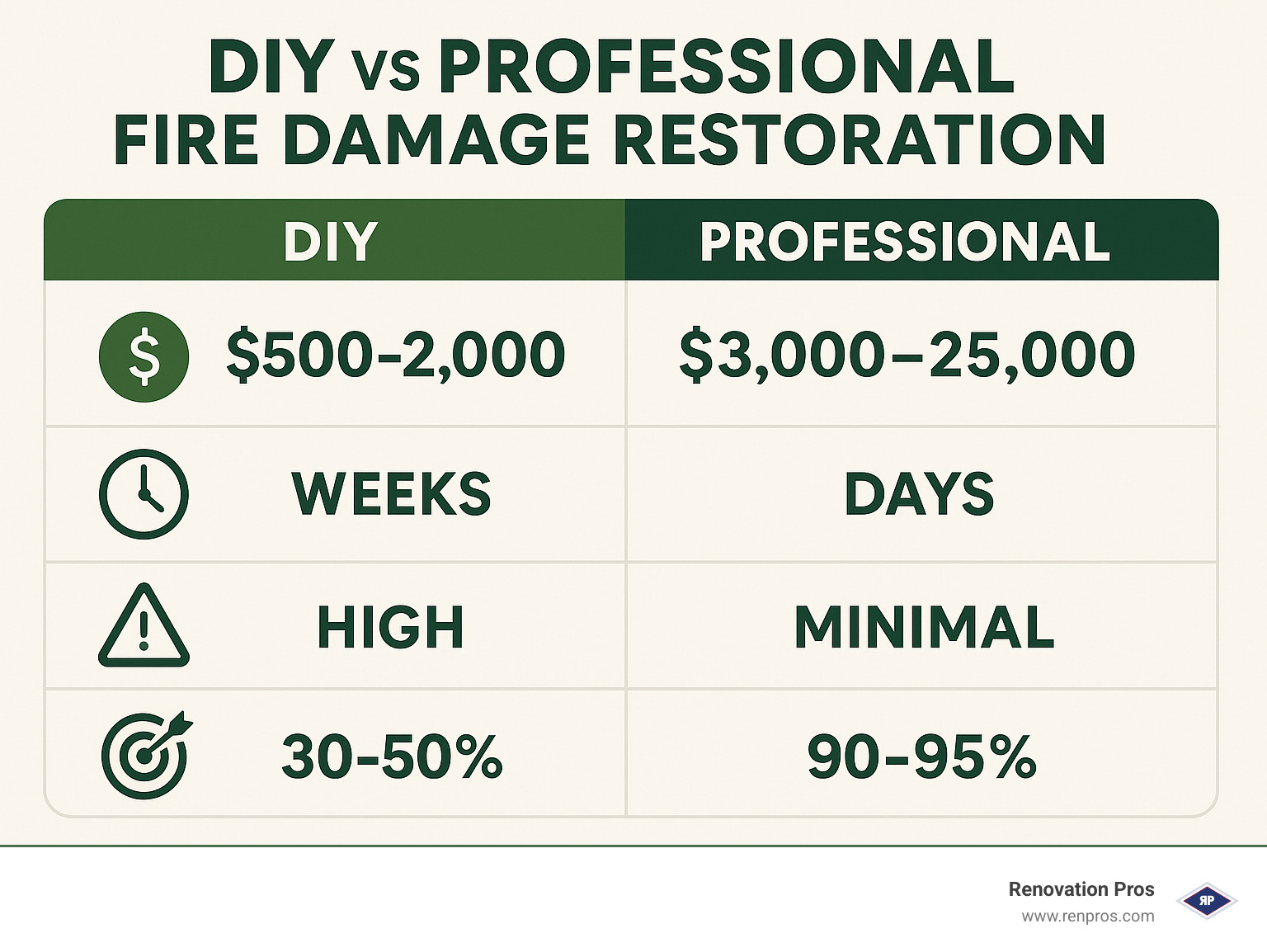 Infographic comparing DIY vs Professional fire damage restoration showing cost ranges ($500-2000 DIY vs $3000-25000 professional), time requirements (weeks vs days), safety risks (high vs minimal), and success rates (30-50% vs 90-95%) - fire damage recovery services infographic 