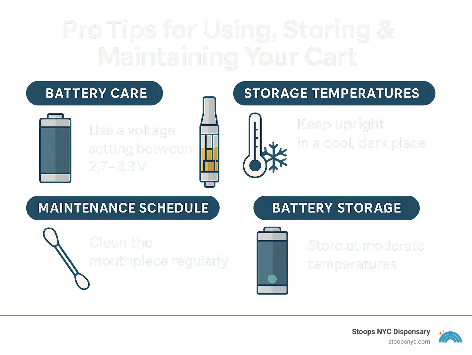 Infographic showing proper battery care, voltage settings, storage temperatures, and maintenance schedule for THC cartridges - best thc carts 2024 infographic