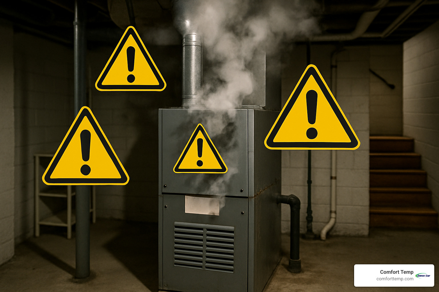 Smoking furnace with warning symbols - 24 7 hvac repair Smoking furnace with warning symbols - 24 7 hvac repair