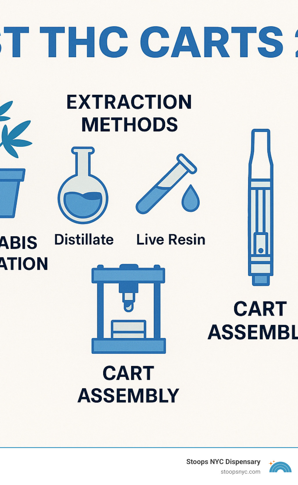 Detailed infographic showing the complete THC cartridge production process from cannabis cultivation through extraction methods (distillate, live resin, live rosin) to final cart assembly, with quality testing checkpoints and consumer usage tips - best thc carts 2024 infographic