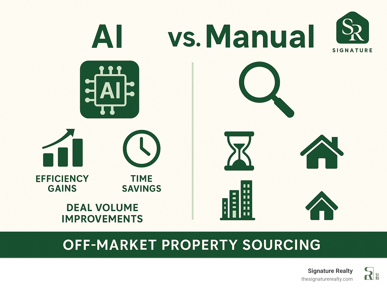 AI vs manual search comparison showing efficiency gains, time savings, and deal volume improvements when using artificial intelligence for off-market property sourcing - finding off market commercial property infographic 